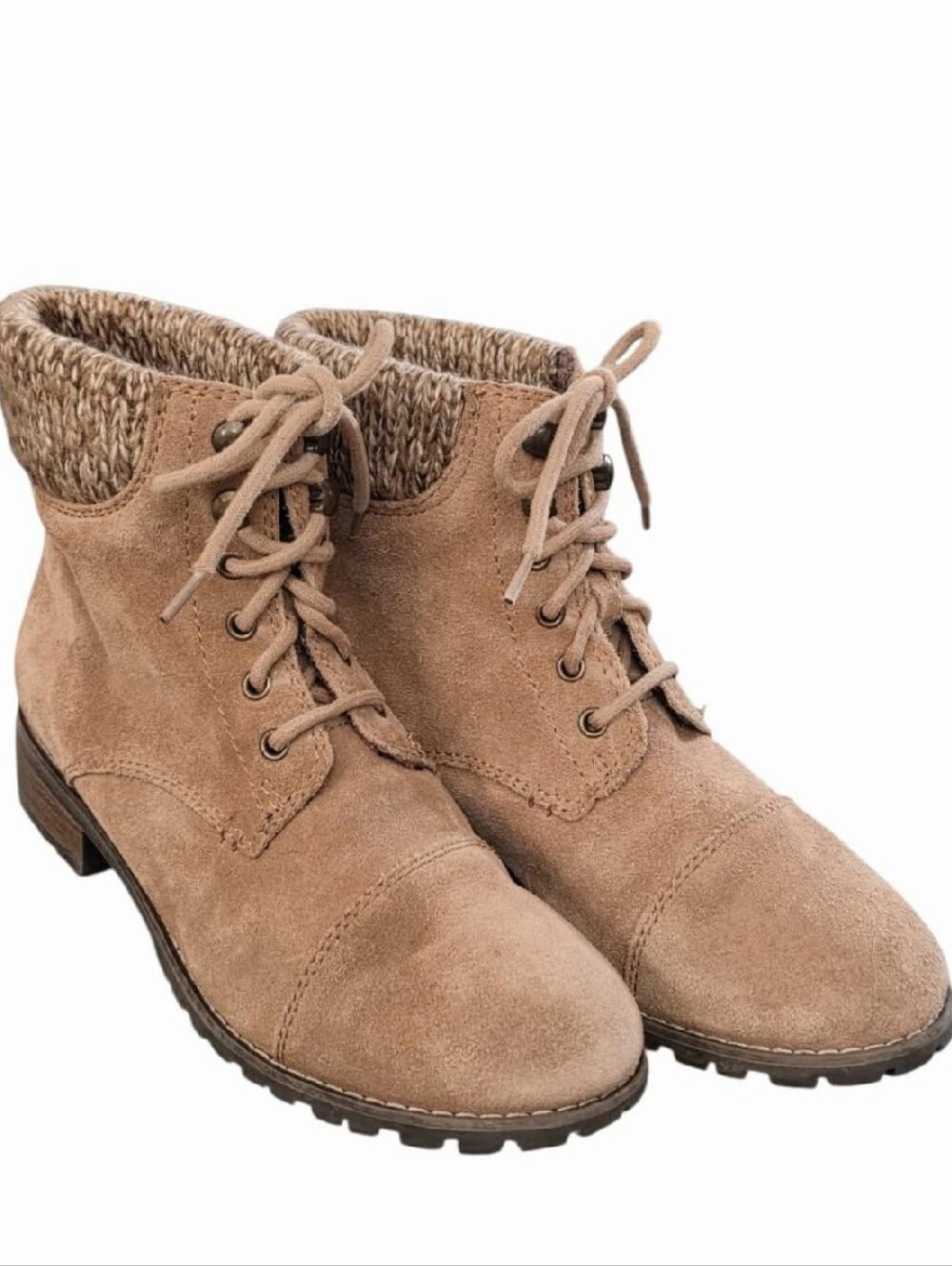 Vintage Suede Lace-Up Ankle Boots with Knit Cuff